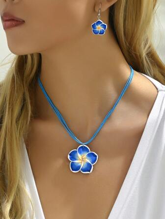 1入流行藍色花卉大項鍊和1對花形吊墜耳環,女士專用