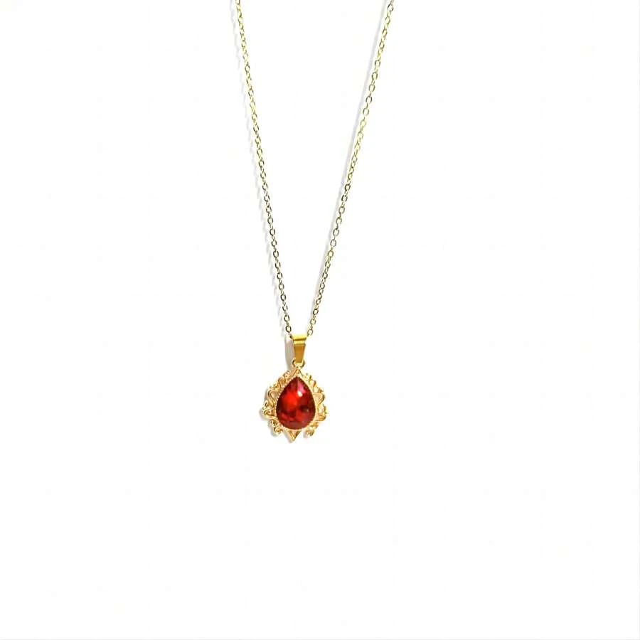 1pc European And American Fashionable Lace Cut-Out & Water Drop Shape Red Pendant Golden Necklace For Personalized Look - Yellow Gold - View 1