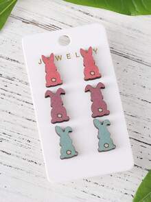 3雙/套復古復活節兔形狀彩色耳釘,時尚復活節配飾 - 彩色的 - 查看 6