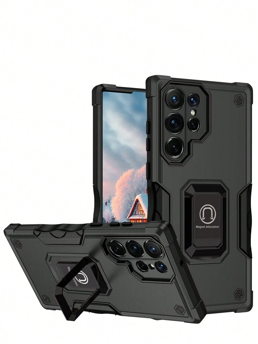 Compatible With IPhone Cases For Men New Anti-Drop Phone Case + Magnetic + Holder Series Compatible With IPhone 11/12/13/14/15 Pro Max, Compatible With Samsung, Compatible With OPPO, Compatible With VIVO, Compatible With Redmi Note 11/12 Pro - Includes 360 Rotatable Holder, Quality Craftsmanship,International Version, Not The Domestic Version - Black - View 1