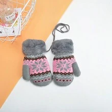 1pair Grey Double-Layered Octagon Flower Thickened Warm Gloves For 3-8 Year Old Boys And Girls, Toddler Winter Mittens With Neck String - Grey - View 1