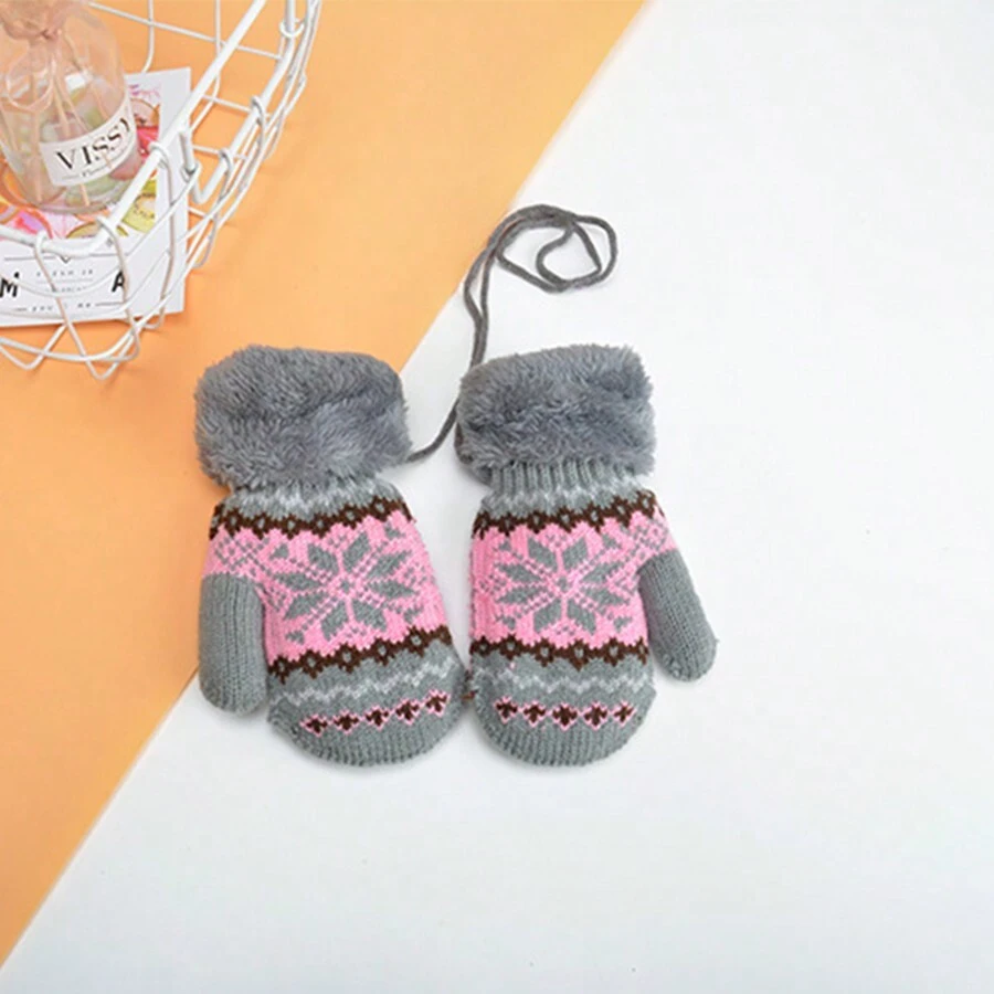 1pair Grey Double-Layered Octagon Flower Thickened Warm Gloves For 3-8 Year Old Boys And Girls, Toddler Winter Mittens With Neck String - Grey - View 1