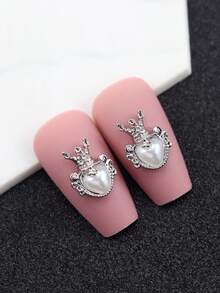 10pcs Alloy Nail Art Decorations Set In Heart And Crown Shaped Decorated With Faux Pearls, Popular On Social Media - Silver - View 2