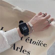 2入組/套led方形矽膠表帶情侶運動手錶,數字日期顯示並配有夜光燈 - 黑與白 - 查看 5