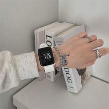 2入組/套led方形矽膠表帶情侶運動手錶,數字日期顯示並配有夜光燈 - 黑與白 - 查看 4