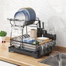 2-tier Dish Drying Rack With Drainboard, Large Capacity Multifunctional Kitchen Utensils Organizer For Storage - Black - View 7