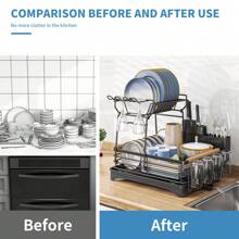 2-tier Dish Drying Rack With Drainboard, Large Capacity Multifunctional Kitchen Utensils Organizer For Storage - Black - View 5
