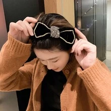 1入組女士絲絨頭帶,帶金色邊緣和蝴蝶結設計,diy鑽石裝飾,寬髮帶適合情人節,約會和派對 - 黑色 - 查看 4