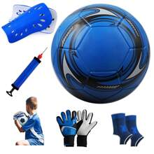 1組5號22cm直徑男女成年男女學生耐磨機縫pu訓練比賽足球踢足球免費一對7號守門員手套泵護腳踝組合套裝 - 藍白色 - 查看 1