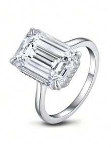 XUJIA 1pc Women's 5A Cubic Zirconia 10x14mm Emerald-Cut Main Stone Ring, 925 Sterling Silver Wedding Band, Engagement Ring, Wedding Jewelry Gift