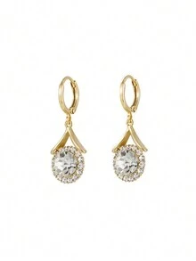 1對時尚簡約鋯石吊墜耳環,適合女性日常佩戴 - 金黃色 - 查看 5