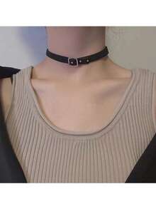 1件女士黑色皮绳项圈项链，可定制，适合日常佩戴 - 黑色 - 查看 2