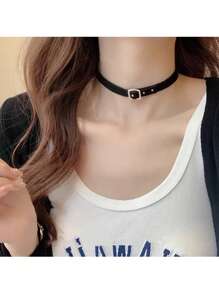 1件女士黑色皮绳项圈项链，可定制，适合日常佩戴 - 黑色 - 查看 1