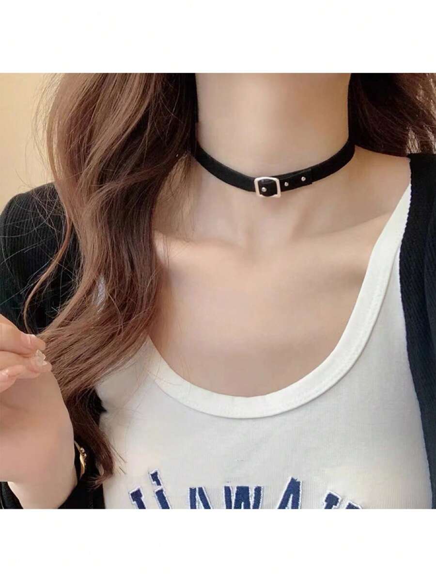 1件女士黑色皮绳项圈项链，可定制，适合日常佩戴 - 黑色 - 查看 1