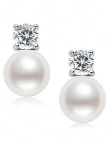 1對女性天然淡水珍珠耳環，圓形6.5-7mm 925純銀4mm圓形雕刻立方氧化鋯耳針，婚禮派對生日禮物，婚禮珠寶新娘珠寶
