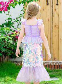 年輕女孩閃亮魚尾帽短袖網紗連衣裙，饅頭邊非常適合演出、派對和晚會