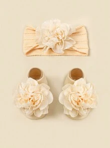 Infant/Toddler Soft Breathable Apricot Elastic Headband With Floral Decoration And Anti-Slip Low-Waisted Socks Set - Apricot - View 1