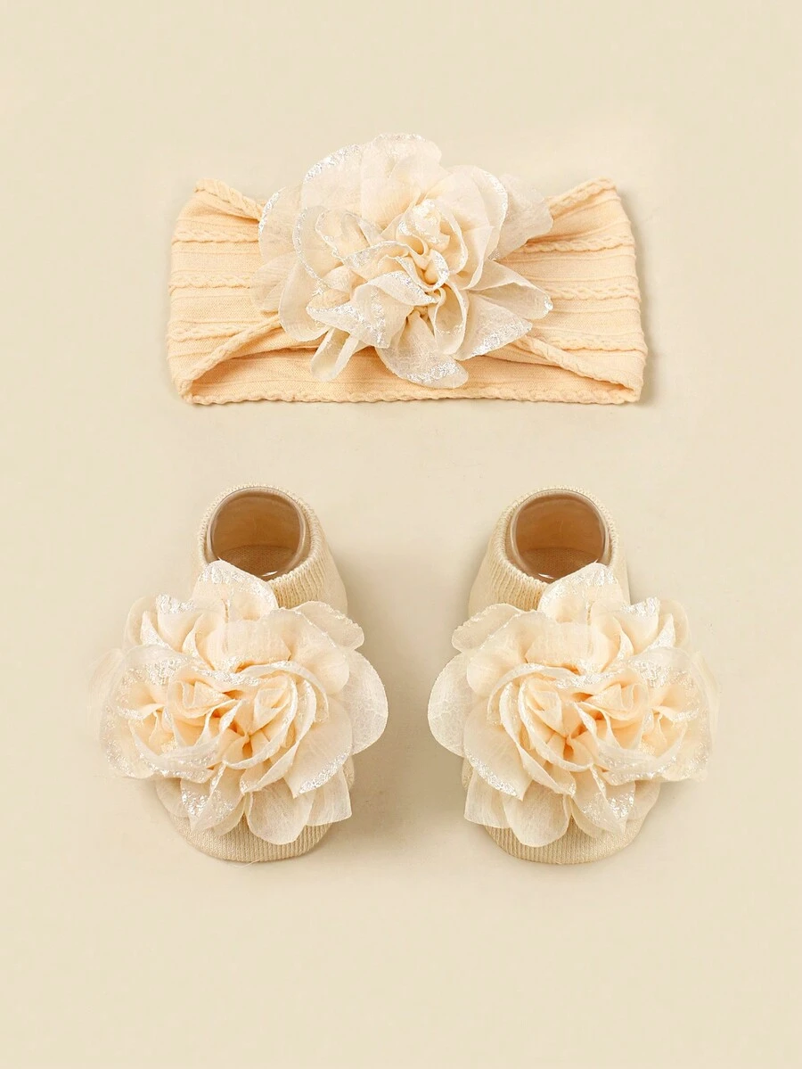 Infant/Toddler Soft Breathable Apricot Elastic Headband With Floral Decoration And Anti-Slip Low-Waisted Socks Set - Apricot - View 1