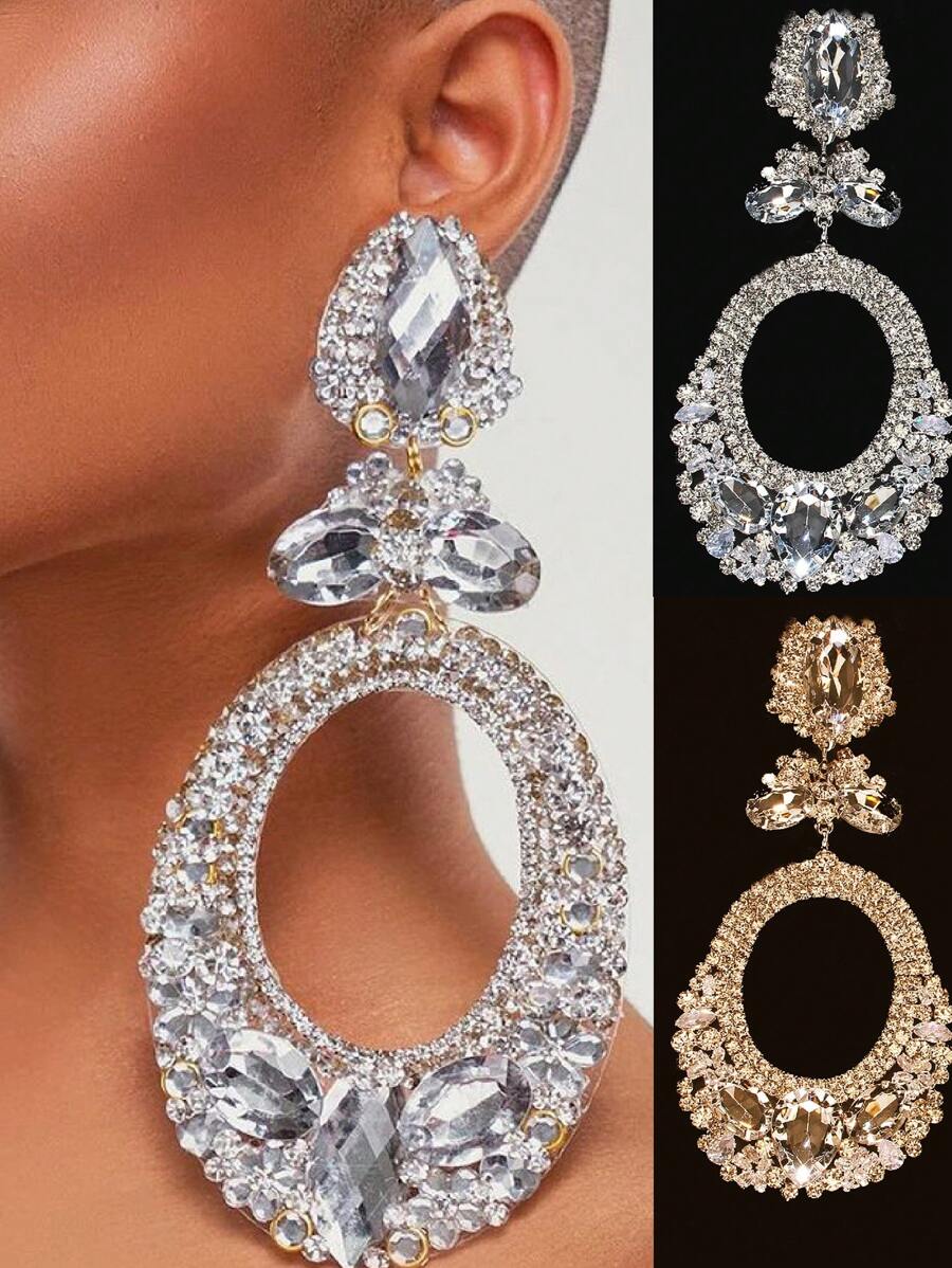 1對誇張豪華的大橢圓圈吊墜耳環,適用於女性參加派對、情人節和日常生活佩戴 - 金色 - 查看 1