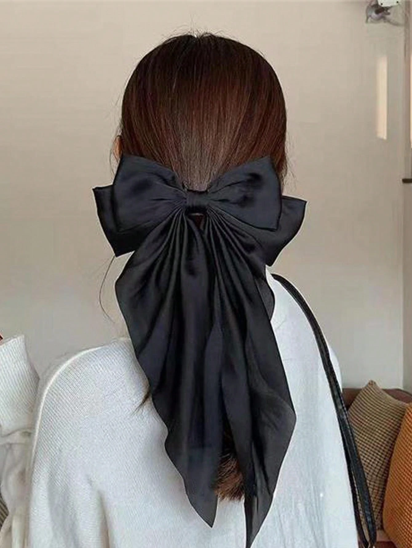 1pc Oversized Black Satin Bow Barrette Hair Clip For Women, Fashionable
