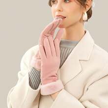 1pair Women's Winter Knitted Gloves, American Style Contrast Color Thickened Thermal Lined Windproof Cold-Proof Warm Faux Cashmere Mittens With Touch Screen Function - Pink - View 2