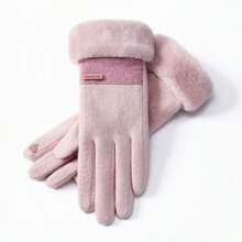 1pair Women's Winter Knitted Gloves, American Style Contrast Color Thickened Thermal Lined Windproof Cold-Proof Warm Faux Cashmere Mittens With Touch Screen Function - Pink - View 1