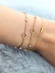 TONSI 1件18K镀金时尚优雅镂空四叶草手链，镶嵌人造锆石，钛钢材质，镀18K金，低过敏性钛钢材质，适合女性日常聚会、派对和节日场合佩戴。 - 彩色 - 查看 8