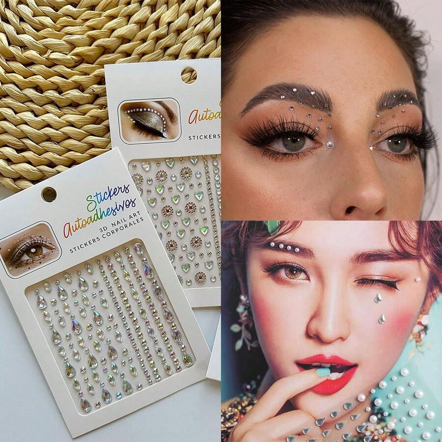 6入組彩色心型鑲玻璃水晶鑽的臉部和眼部裝飾用蕾絲石貼紙,適用於節日、派對、舞會、秀場,珍珠和鑽石貼紙可用於眼部彩妝 - 彩色 - 查看 1