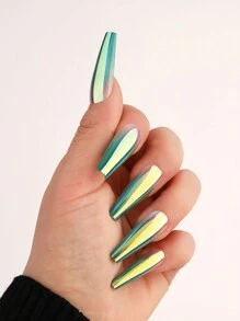 10入中長形棺材形狀漸層綠色假指甲附一次性摩擦條1pc,果凍凝膠1pc,2024冬季婦女和女孩用假指甲片 - 綠色 - 查看 1