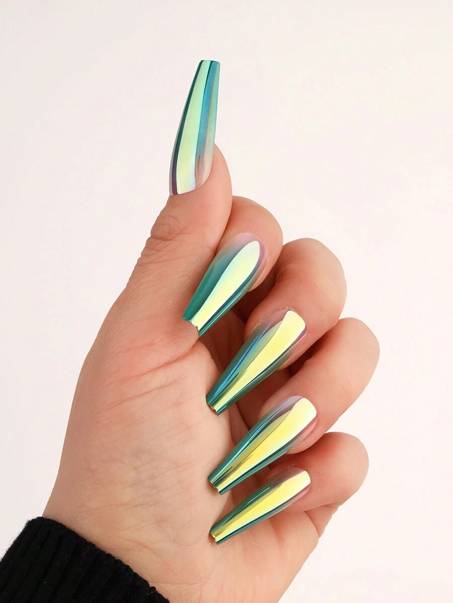 10入中長形棺材形狀漸層綠色假指甲附一次性摩擦條1pc,果凍凝膠1pc,2024冬季婦女和女孩用假指甲片 - 綠色 - 查看 1