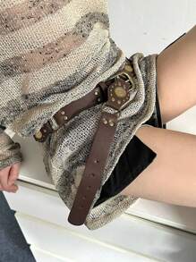 1 件时尚潮流复古美式拼接孔眼铆钉腰带，配朋克金属扣，可作装饰，搭配牛仔裙 - 咖啡 - 查看 8