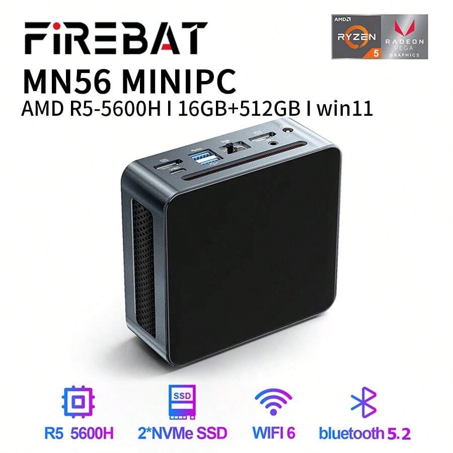 FIREBAT MN56 Mini PC Gamer AMD Ryzen 5 5600H Windows 11 RAM 16GB DDR4 ...