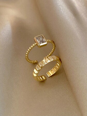 1 套轻奢小众设计方形锆石素面戒指两件套戒指