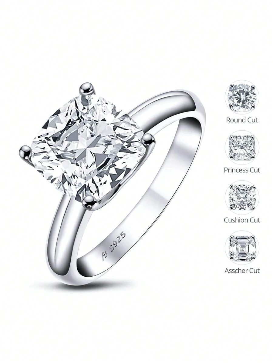 XUJIA 1顆單鑽訂婚戒指女款925純銀9x9mm坐墊/公主/圓/阿斯切切割方形氧化鋯紀念婚戒飾品禮物4種切割可選婚禮珠寶