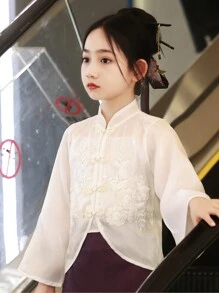 青少女白色復古刺繡珠飾上衣旗袍風格長袖夾克 - 白色 - 查看 5