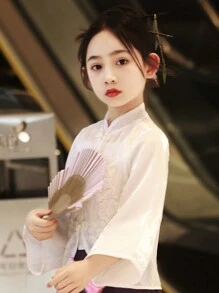 青少女白色復古刺繡珠飾上衣旗袍風格長袖夾克 - 白色 - 查看 4