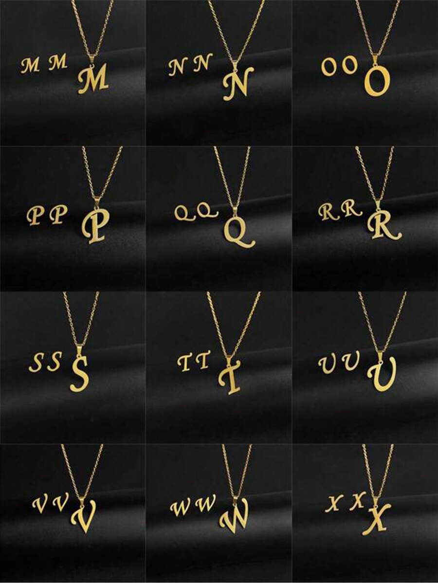 3 件/套不锈钢镀 18K 黄金首饰套装带耳钉字母吊坠耳环和项链女士复古首饰套装情人节礼物 - 金黃色 - 查看 1