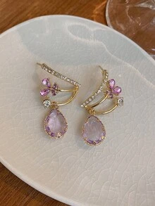 1對高端小眾設計法式復古浪漫紫色立方氧化鋯水滴耳環 - 金黃色 - 查看 4