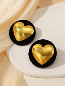 1對高端黑色天鵝絨&金色心形誇張耳釘,極簡風格,適合女性日常穿著 - 黑色 - 查看 4