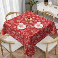1pc New Year Snowflake Printed Tablecloth For Festive Party, Square/Rectangle Shape, Water-Resistant And Washable Decorative Polyester Tablecloth For New Year Party, Festival, Coffee, Picnic Mat And Party Banquet Decoration - Red - View 2