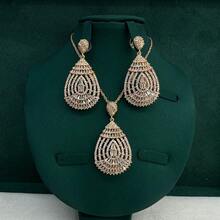 沙特阿拉伯新娘珠寶套裝,方形耳環項鍊套裝,適用於婚禮禮服,杜拜風格 - 水滴鏤空 - 查看 1