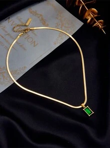 Conjunto de collar y aretes de acero inoxidable cuadrados con cristal verde y circonita cúbica, un conjunto de joyas de moda, adecuado para uso diario