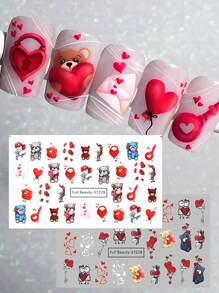 FULL BEAUTY 2入組紅心可愛小熊指甲水貼紙，浪漫情人節禮物情書唇形指甲藝術貼紙水轉印紙紋身美甲裝飾（不含黏度）DIY - 彩色 - 查看 1