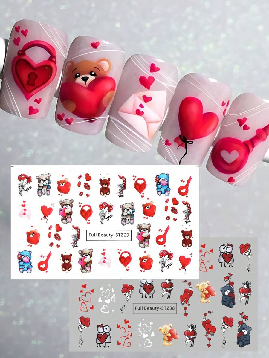 FULL BEAUTY 2入組紅心可愛小熊指甲水貼紙，浪漫情人節禮物情書唇形指甲藝術貼紙水轉印紙紋身美甲裝飾（不含黏度）DIY - 彩色 - 查看 1