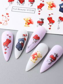 FULL BEAUTY 2入組紅心可愛小熊指甲水貼紙，浪漫情人節禮物情書唇形指甲藝術貼紙水轉印紙紋身美甲裝飾（不含黏度）DIY - 彩色 - 查看 5