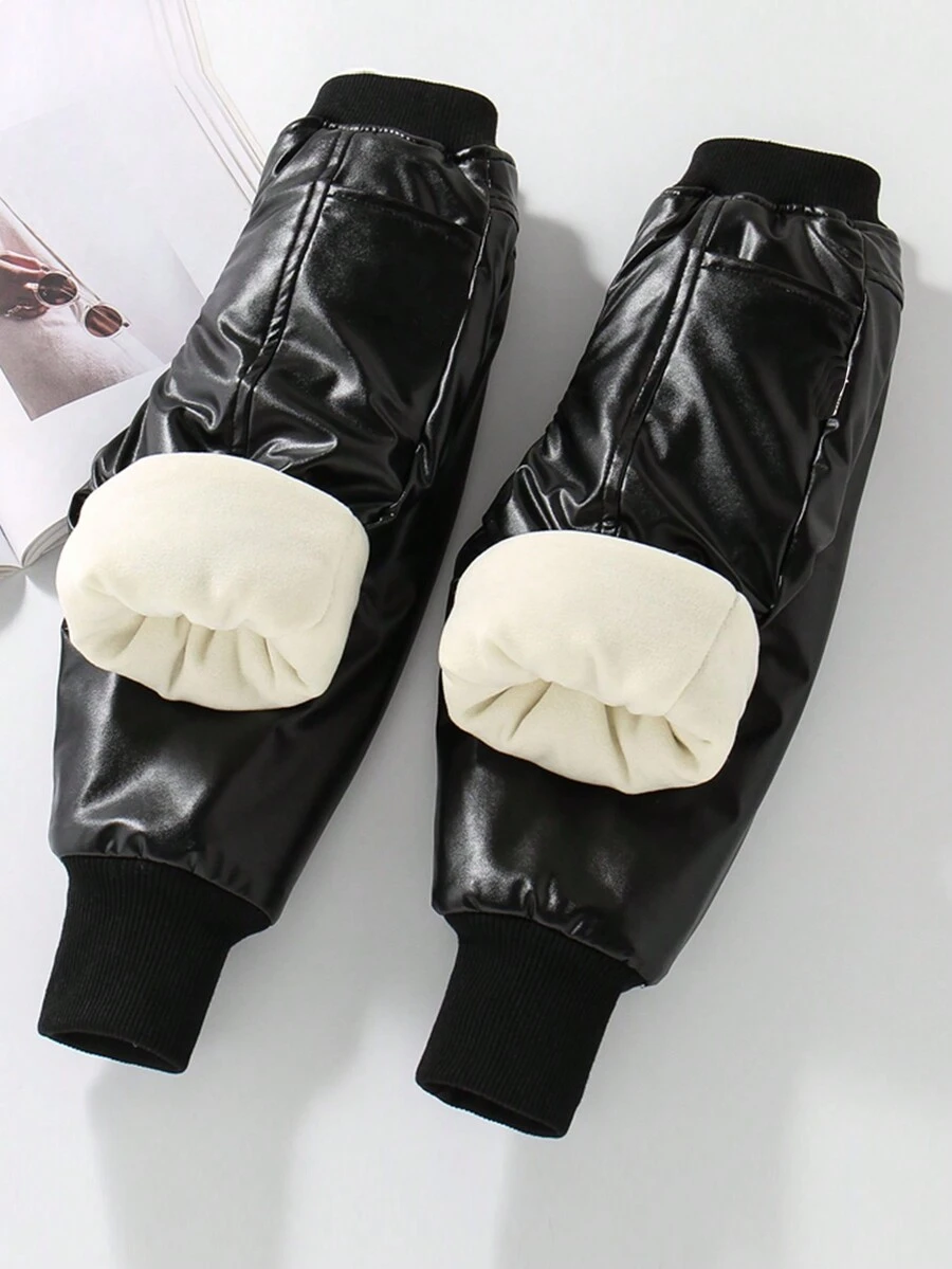 1 件冬季加厚保暖男童 PU 皮裤 - 黑色 - 查看 1