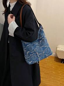 女士四季牛仔效果手提包花朵图案单肩包时尚手提包腋下包适合情人节礼物送给情侣、长辈、老师、朋友 - 彩色 - 查看 3