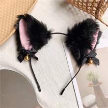 女士毛绒发带猫耳带铃铛和蝴蝶结头带，狐狸耳朵配饰，猫耳角色扮演头饰可爱，猫耳朵，头饰