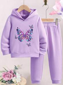 Tween 女童蝴蝶图案印花连帽运动衫和运动裤运动套装 - 紫色 - 查看 1