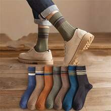 5pairs Men's Casual Plain Color Striped Socks, Anti-Odor Sweat-Absorbing Breathable Comfy Crew Socks, Men Socks